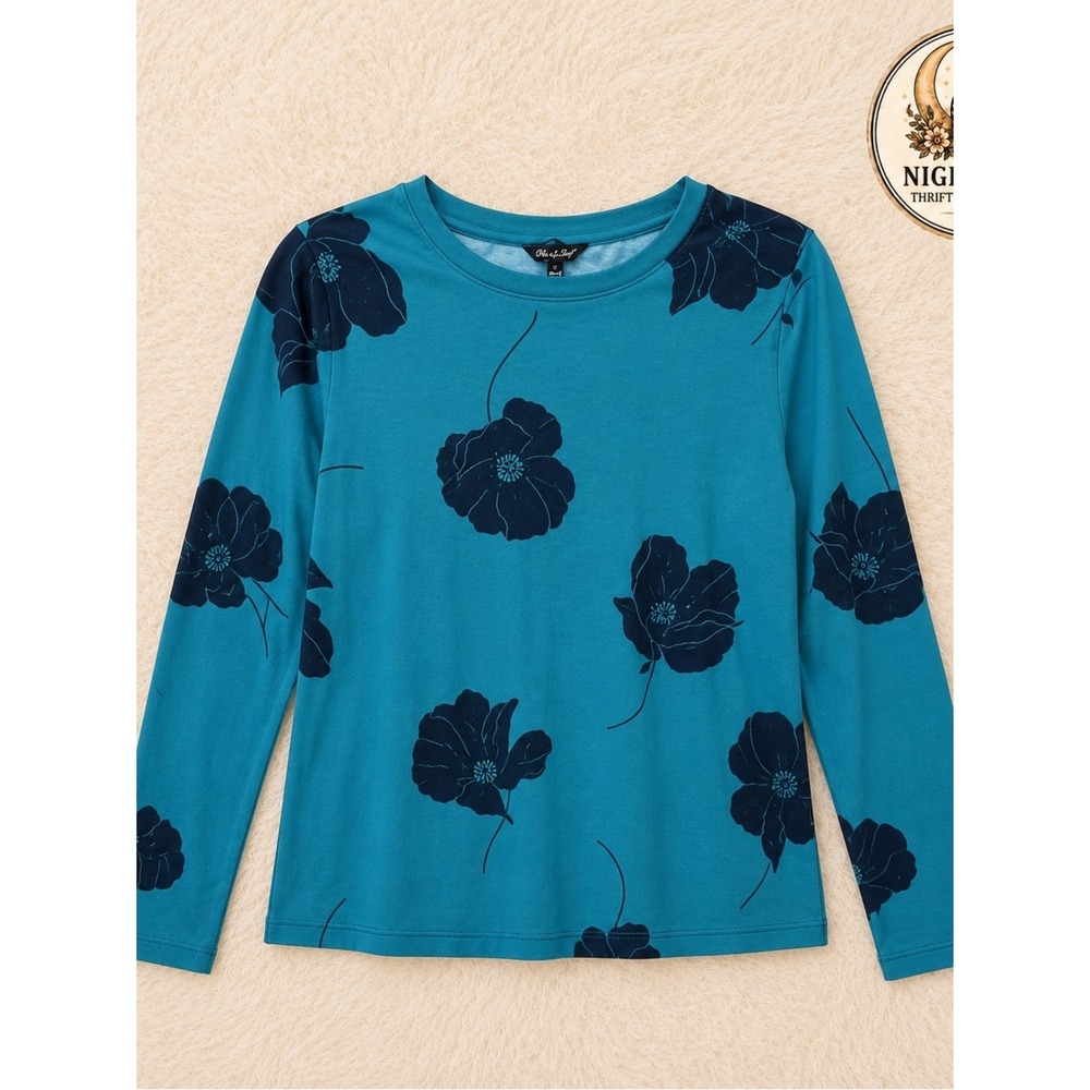 100% Soft Cotton Floral Blouse Large ~ Teal Long Sleeve Top ~ Business Casual